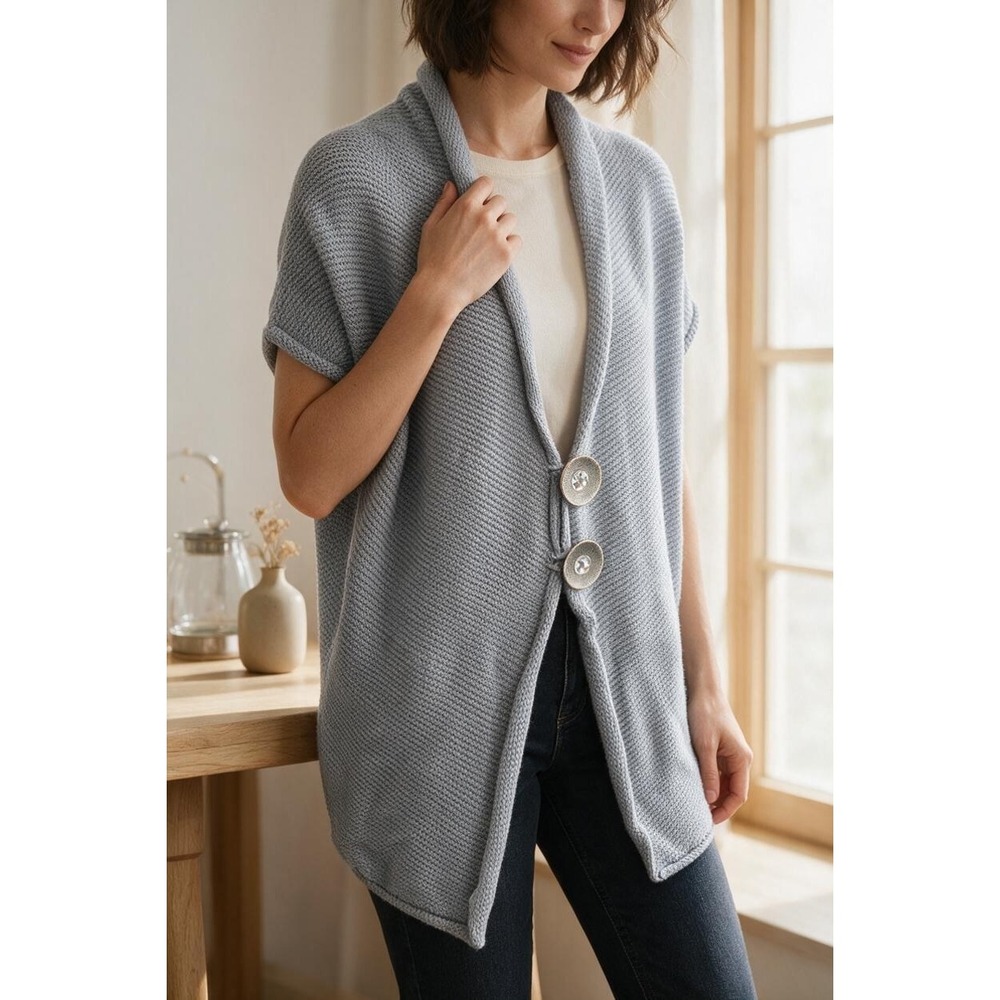 Pure Handknit Cotton Short Sleeve Cardigan Sweater S/M Gray #363H